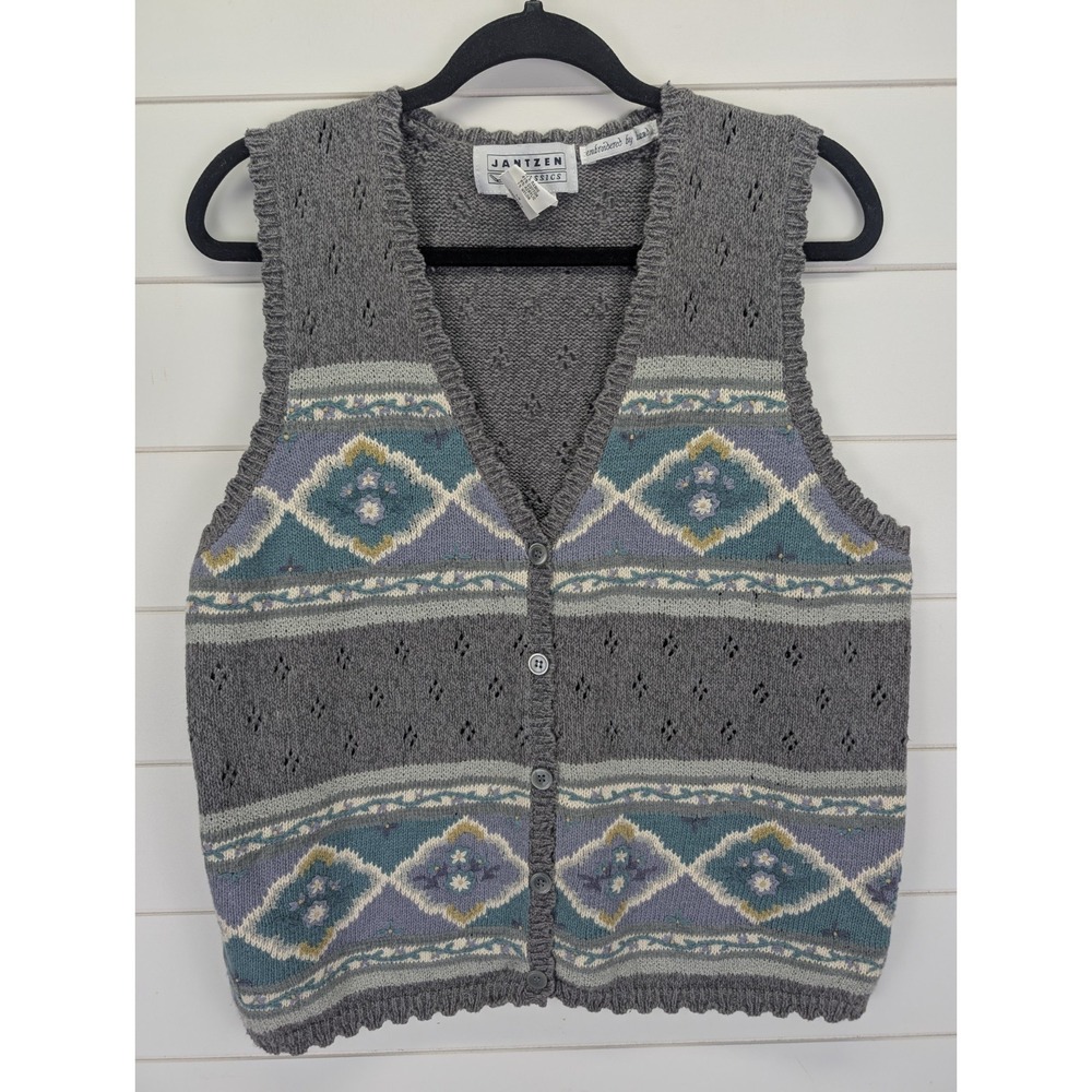 Vintage Jantzen Knit Sweater Vest Large Gray‎ Floral Cottagecore Embroidered 90s